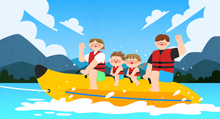 전신 여자 남자 어린이 여행 일러스트 물놀이 휴가 미소 소녀 소년 여러명 성인 여름 놀이기구 즐거움 튀는물 손인사 구명조끼 바나나보트 국내일러스트 AI파일 계절 감정 다수 놀이 표정 사람 인사 보트 액체표현 구조용품 스플래쉬 파일형식 벡터