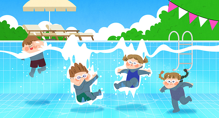 전신 여자 남자 수영복 어린이 일러스트 물놀이 휴가 야외수영장 소녀 소년 여러명 여름 점프 잠수 즐거움 선베드 튀는물 가랜드 어린이만 국내일러스트 AI파일 옷 계절 감정 다수 의자 모션 놀이 수영장 사람 파티용품 액체표현 스플래쉬 파일형식 벡터