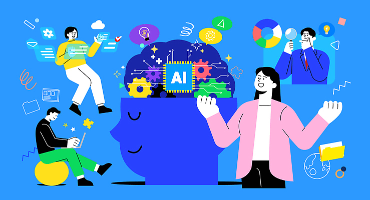 전신 여자 남자 말풍선 일러스트 돋보기 그래프 사람모양 미소 들기 여러명 상반신 성인 파란색 노트북 손들기 떠있는 톱니바퀴 폴더 전자회로 칩셋 성인만 AI_인공지능 국내일러스트 AI파일 모양 컬러 다수 모션 표정 사람 전자제품 회로판 파일 파일형식 벡터