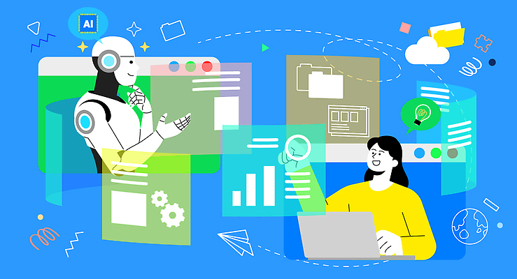 여자 말풍선 일러스트 그래프 아이디어 한명 상반신 성인 파란색 노트북 폴더 인터넷창 홀로그램 성인여자한명만 휴머노이드 채팅봇 AI_인공지능 국내일러스트 AI파일 1 컬러 컨셉 인터넷 사람 전자제품 로봇 파일 여자한명만 성인여자만 파일형식 벡터