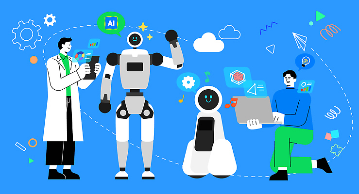 전신 남자 말풍선 일러스트 그래프 들기 성인 두명 파란색 노트북 태블릿 무릎꿇기 연구원 톱니바퀴 손인사 프로그래머 성인남자만 휴머노이드 AI_인공지능 국내일러스트 AI파일 직업 컬러 모션 사람 전자제품 스마트기기 인사 로봇 남자만 성인만 파일형식 벡터