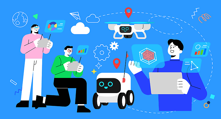 전신 여자 남자 일러스트 그래프 들기 상반신 성인 세명 파란색 태블릿 무릎꿇기 로봇 톱니바퀴 GPS 드론 위치정보 조종장치 프로그래머 성인만 AI_인공지능 국내일러스트 AI파일 직업 컬러 모션 사람 전자제품 스마트기기 장비 정보 파일형식 벡터