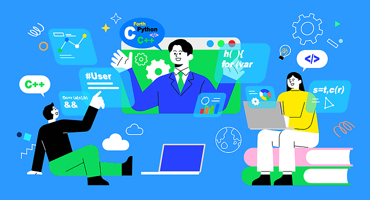 전신 여자 교육 남자 말풍선 일러스트 그래프 앉기 정장 상반신 성인 책 세명 파란색 노트북 가리킴 강의 톱니바퀴 인터넷창 수학공식 프로그래머 프로그래밍 손짚기 성인만 코딩 AI_인공지능 국내일러스트 AI파일 직업 옷 컬러 인터넷 모션 사람 손짓 전자제품 작업 수학 공식 개발 컴퓨터교육 파일형식 벡터