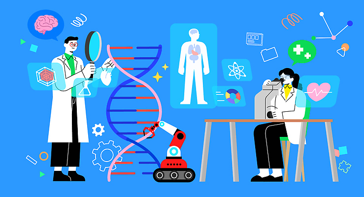 전신 여자 남자 말풍선 신체 일러스트 그래프 실험 들기 앉기 성인 두명 파란색 관찰 DNA 로봇 과학자 책상 뇌 톱니바퀴 생명과학 연구복 유전자구조 이중나선구조 성인만 안경낌 AI_인공지능 국내일러스트 AI파일 직업 안경 컬러 과학 가구 모션 사람 생명공학 학자 파일형식 벡터