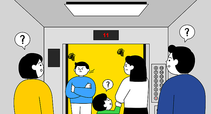 여자 남자 어린이 말풍선 일러스트 아파트 소년 여러명 성인 팔짱 분노 짜증 물음표 엘리베이터 갈등 이웃 주민 불편함 국내일러스트 AI파일 기호 감정 다수 모션 주택 사람 감각 파일형식 벡터