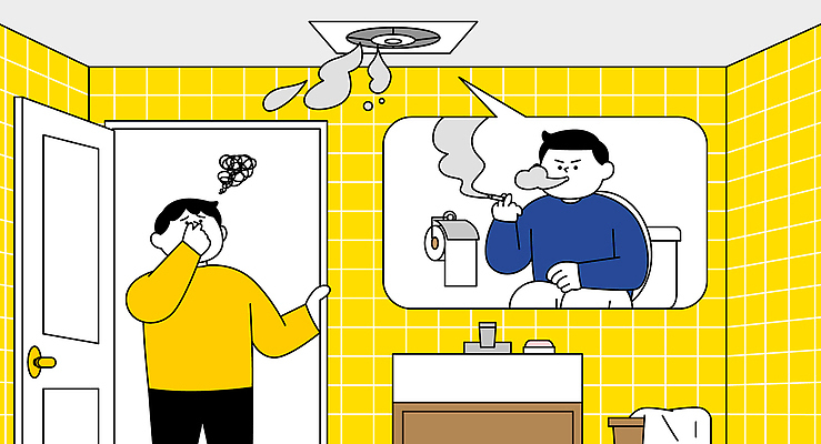 남자 일러스트 아파트 흡연 앉기 성인 두명 노란색 문 찡그림 화장실 변기 담배연기 갈등 이웃 환풍기 비흡연자 주민 성인남자만 국내일러스트 AI파일 컬러 모션 주택 담배 표정 사람 장비 연기 남자만 성인만 파일형식 벡터