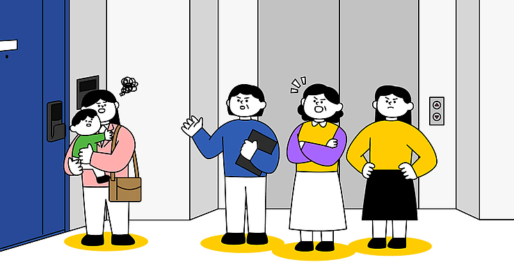 전신 여자 남자 어린이 중년 허리손 가방 일러스트 안기 들기 소년 여러명 성인 팔짱 분노 찡그림 엘리베이터 갈등 이웃 임대주택 주민 국내일러스트 AI파일 잡화 감정 포즈 다수 모션 주택 표정 사람 파일형식 벡터