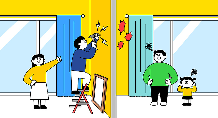 전신 커플 여자 남자 어린이 벽 허리손 액자 일러스트 사다리 창문 아파트 소녀 여러명 성인 가리킴 커튼 찡그림 귀막기 괴로움 소음 갈등 이웃 망치질 못박기 못질 주민 부녀 국내일러스트 AI파일 딸 감정 포즈 다수 가족 관계 모션 주택 표정 사람 손짓 소리 도구 아빠 망치 파일형식 벡터