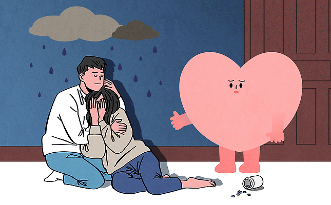 전신 커플 여자 남자 일러스트 안기 성인 두명 알약 비 약병 울음 무릎꿇기 손내밀기 먹구름 걱정 얼굴가리기 위로 우울감 우울증 자살예방 성인만 하트캐릭터 국내일러스트 일러캐릭터 AI파일 자연요소 캐릭터 감정 관계 모션 날씨 표정 사람 손짓 약 가림 질병 예방 병_담는 파일형식 벡터 구름_자연