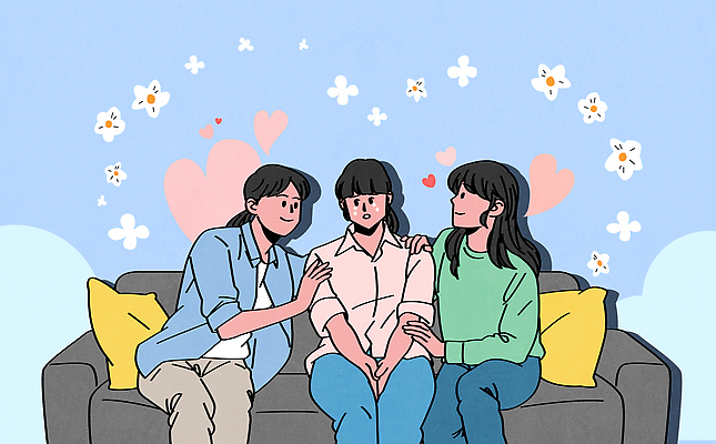 여자 꽃 쿠션 일러스트 안기 미소 앉기 성인 세명 소파 하트 울음 눈물 위로 감싸기 우울감 자살예방 성인여자만 어깨에손 국내일러스트 AI파일 모양 식물 감정 의자 모션 표정 사람 예방 여자만 성인만 파일형식 벡터