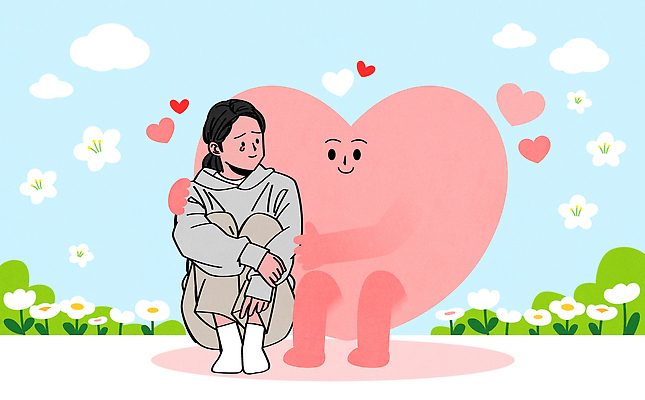 전신 구름 여자 꽃밭 일러스트 하늘 한명 미소 앉기 성인 울음 눈물 웅크림 위로 감싸기 자살예방 성인여자한명만 어깨에손 하트캐릭터 국내일러스트 일러캐릭터 AI파일 자연요소 캐릭터 1 꽃 감정 모션 표정 사람 예방 여자한명만 성인여자만 파일형식 벡터