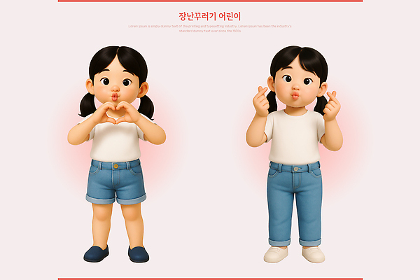 전신 PSD 편집이미지 여자 어린이 분홍색 3D캐릭터 소녀 두명 3D 개구쟁이 손하트 소녀만 편집3D 캐릭터 컬러 사람 손짓 디지털합성 여자만 어린이만 파일형식