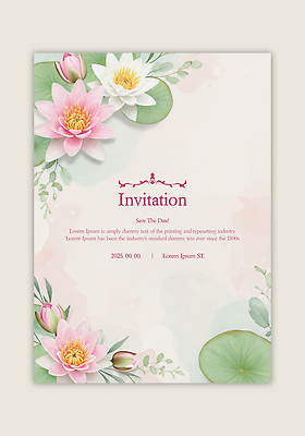 PSD 템플릿 꽃 분홍색 잎 카드템플릿 수채화 사람없음 연두색 연잎 꽃봉오리 초대장 이미지템플릿 식물 컬러 카드_감사 초록색 파일형식