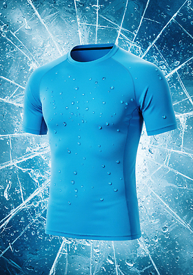 JPG 편집이미지 티셔츠 사람없음 파란색 얼음 물방울 시원함 여름옷 깨짐 면소재 이미지편집 편집실사 AI컴퓨터그래픽 AI콘텐츠 자연요소 옷 컬러 컨셉 셔츠 CG 소재 파일형식 여름_계절