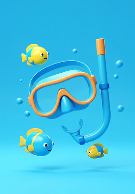 JPG 편집이미지 바캉스용품 어류 미소 사람없음 여름 파란색 여름휴가 바캉스 3D 물방울 스노클링용품 편집3D AI컴퓨터그래픽 AI콘텐츠 계절 스포츠용품 컬러 휴가 표정 수중동물 스노클링 디지털합성 오브젝트 파일형식 여름_계절