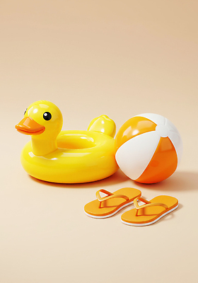 JPG 편집이미지 바캉스용품 그림자 사람없음 여름 여름휴가 바캉스 3D 쪼리 비치볼 베이지색 오리튜브 편집3D AI컴퓨터그래픽 AI콘텐츠 계절 컬러 공 휴가 샌들 디지털합성 오브젝트 튜브 파일형식 여름_계절