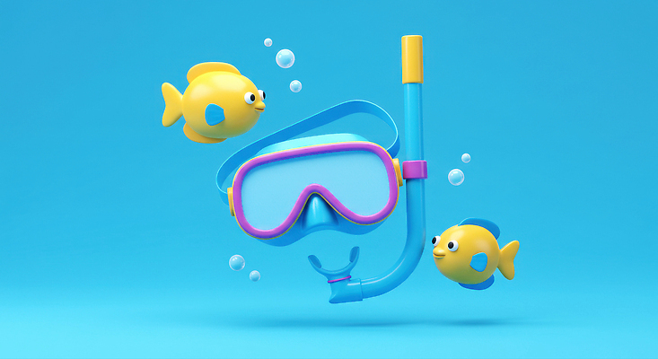 JPG 편집이미지 바캉스용품 어류 미소 사람없음 여름 파란색 여름휴가 바캉스 3D 물방울 스노클링용품 편집3D AI컴퓨터그래픽 AI콘텐츠 계절 스포츠용품 컬러 휴가 표정 수중동물 스노클링 디지털합성 오브젝트 파일형식 여름_계절