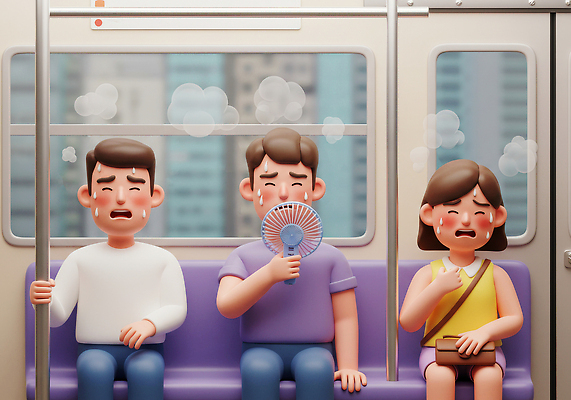 JPG 편집이미지 여자 남자 가방 들기 앉기 성인 세명 여름 3D 잡기 전철 더위 출퇴근 땀 봉 성인만 손풍기 폭염주의보 편집3D 폭염대비 AI컴퓨터그래픽 AI콘텐츠 잡화 계절 육상교통 비즈니스 모션 날씨 대중교통 사람 대비 선풍기 휴대용 자연재해 디지털합성 파일형식