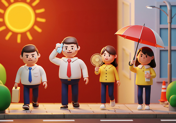 JPG 전신 편집이미지 여자 남자 가로등 가방 들기 정장 여러명 성인 여름 수건 태양 3D 비즈니스맨 비즈니스우먼 풀 더위 출퇴근 땀 양산 닦기 성인만 손풍기 폭염주의보 편집3D 폭염대비 AI컴퓨터그래픽 AI콘텐츠 자연요소 식물 잡화 옷 계절 공공시설 다수 비즈니스 모션 날씨 사람 위생용품 대비 직장인 선풍기 휴대용 자연재해 디지털합성 파일형식