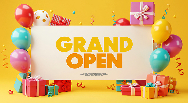 PSD 편집이미지 사람없음 선물상자 노란색 팻말 꽃가루 풍선 오픈행사 이미지편집 컬러 프레임 선물 상자 오픈 가루 파일형식