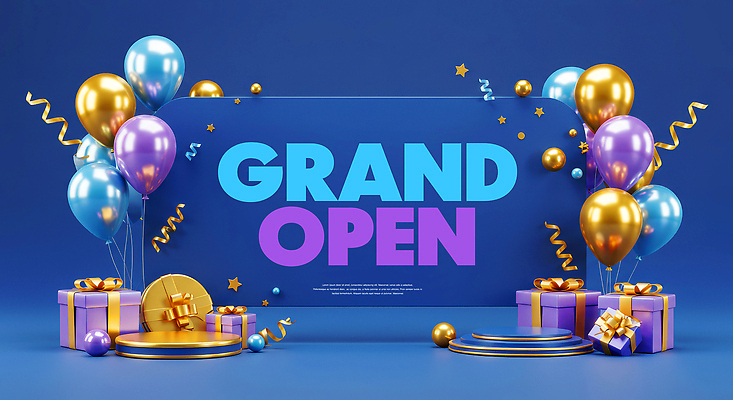 PSD 편집이미지 사람없음 파란색 선물상자 팻말 꽃가루 풍선 오픈행사 포디움 이미지편집 컬러 프레임 선물 상자 무대 오픈 가루 파일형식