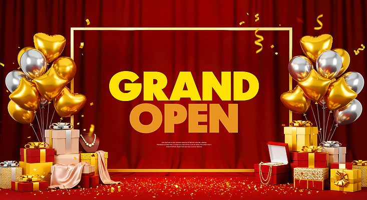 PSD 편집이미지 프레임 사람없음 빨간색 선물상자 무대 커튼 천 꽃가루 풍선 오픈행사 이미지편집 컬러 선물 상자 직물 오픈 가루 파일형식