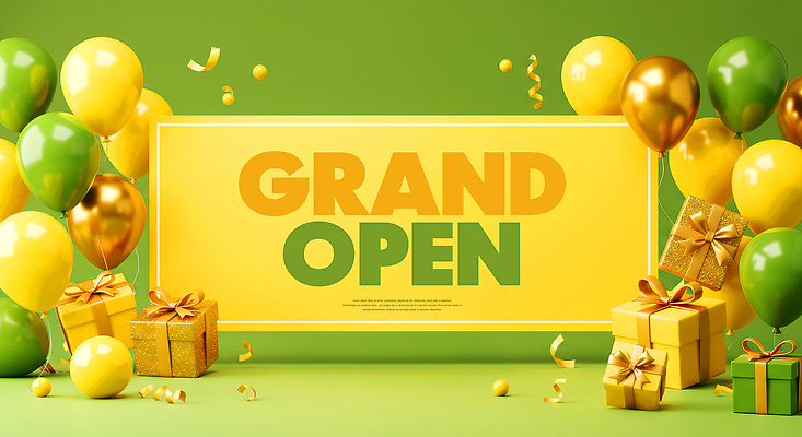 PSD 편집이미지 사람없음 초록색 선물상자 팻말 꽃가루 풍선 오픈행사 이미지편집 컬러 프레임 선물 상자 오픈 가루 파일형식