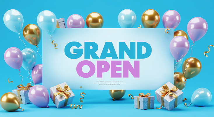 PSD 편집이미지 하늘색 사람없음 선물상자 팻말 꽃가루 풍선 오픈행사 이미지편집 프레임 선물 파란색 상자 오픈 가루 파일형식