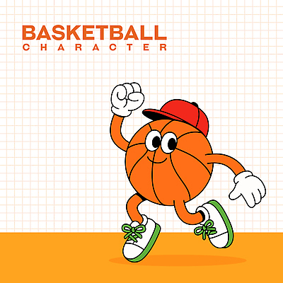 일러스트 농구공 미소 사람없음 손들기 귀여움 점프 주황색 캡모자 일러캐릭터 AI파일 캐릭터 모자_잡화 컬러 컨셉 공 모션 농구 표정 파일형식 벡터