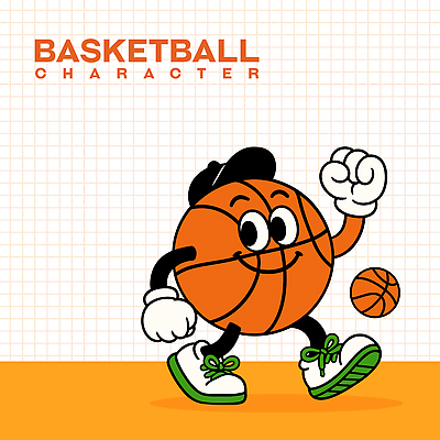 일러스트 농구공 미소 사람없음 손들기 걷기 귀여움 주황색 캡모자 일러캐릭터 AI파일 캐릭터 모자_잡화 컬러 컨셉 공 모션 농구 표정 파일형식 벡터