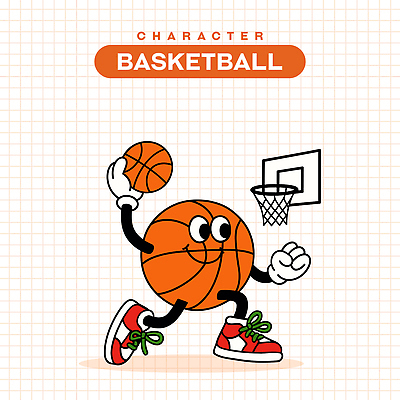 일러스트 농구공 미소 들기 사람없음 달리기 점프 주황색 빈티지 복고 농구대 활기 덩크 일러캐릭터 AI파일 캐릭터 컬러 컨셉 공 모션 농구 표정 골대 파일형식 벡터