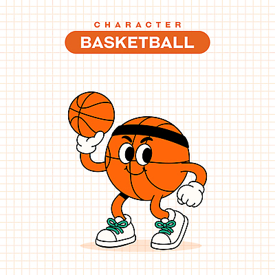 일러스트 농구공 미소 들기 사람없음 주황색 머리띠 빈티지 복고 활기 일러캐릭터 AI파일 캐릭터 컬러 컨셉 장신구 공 모션 농구 표정 파일형식 벡터