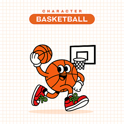 일러스트 농구공 미소 들기 사람없음 달리기 점프 주황색 빈티지 복고 농구대 활기 덩크 일러캐릭터 AI파일 캐릭터 컬러 컨셉 공 모션 농구 표정 골대 파일형식 벡터