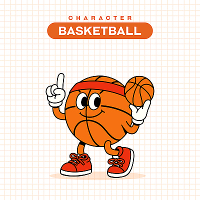 일러스트 농구공 미소 들기 사람없음 걷기 주황색 가리킴 머리띠 빈티지 복고 활기 일러캐릭터 AI파일 캐릭터 컬러 컨셉 장신구 공 모션 농구 표정 손짓 파일형식 벡터