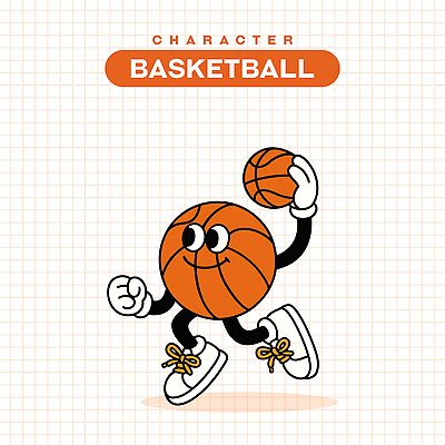 일러스트 농구공 미소 들기 사람없음 점프 주황색 빈티지 복고 활기 덩크 일러캐릭터 AI파일 캐릭터 컬러 컨셉 공 모션 농구 표정 파일형식 벡터