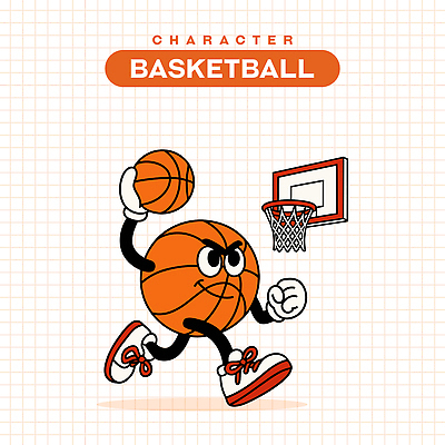 일러스트 농구공 미소 들기 사람없음 달리기 점프 주황색 빈티지 복고 농구대 활기 덩크 비장 일러캐릭터 AI파일 캐릭터 컬러 컨셉 공 모션 농구 표정 골대 파일형식 벡터