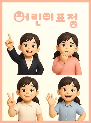 PSD 편집이미지 여자 어린이 허리손 미소 정장 소녀 여러명 상반신 3D 귀여움 가리킴 불안 걱정 브이 손인사 울상 소녀만 해맑음 편집3D 옷 감정 포즈 다수 컨셉 표정 사람 손짓 인사 디지털합성 여자만 어린이만 파일형식
