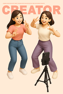 전신 PSD 편집이미지 직업 여자 웃음 성인 두명 스마트폰 유행 3D 춤 브이 삼각대 거치대 살구색 소셜네트워크 성인여자만 크리에이터 유튜버 영상촬영 숏폼 편집3D 컬러 문화예술 표정 사람 손짓 핸드폰 스마트기기 촬영 디지털합성 신조어 여자만 성인만 파일형식 1인미디어