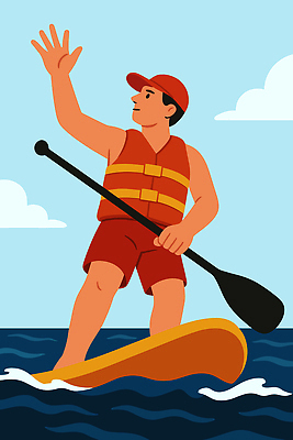 전신 모자 남자 물결 파도 일러스트 하늘 한명 들기 성인 여름 레포츠 파란색 손들기 서핑보드 구명조끼 패들 성인남자한명만 패들보드 국내일러스트 AI파일 1 잡화 계절 바다 컬러 모션 레저 사람 보드_스포츠 서핑 노_배의노 구조용품 남자한명만 성인남자만 파일형식 벡터