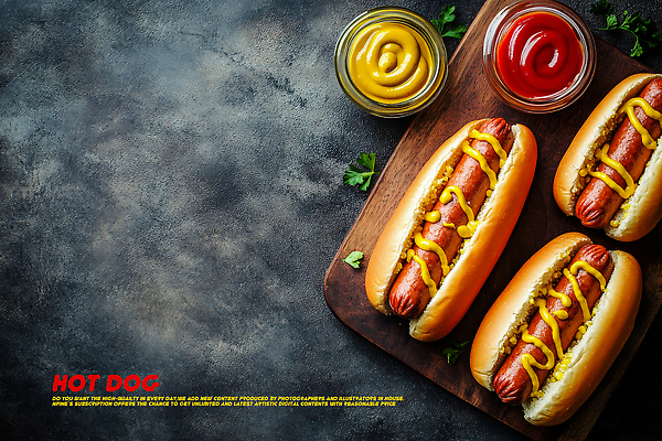 PSD 편집이미지 사람없음 소시지 고수 케첩 머스터드 핫도그 나무도마 소스그릇 이미지편집 그릇 음식 도마 패스트푸드 목재 소스_음식 가공식품 향신료 파일형식