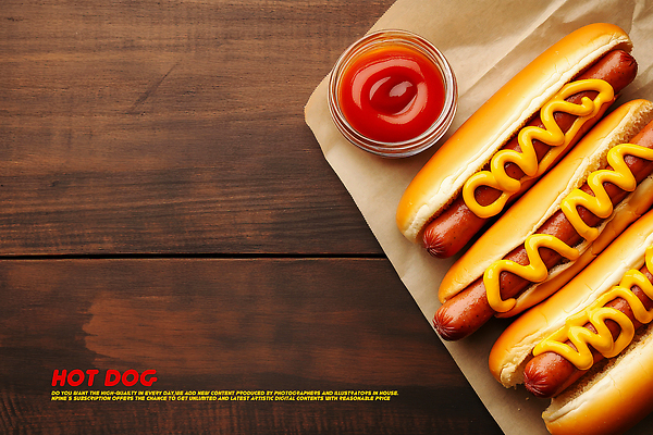 PSD 편집이미지 종이 사람없음 소시지 케첩 머스터드 핫도그 나무탁자 소스그릇 이미지편집 그릇 음식 탁자 패스트푸드 소스_음식 가공식품 파일형식