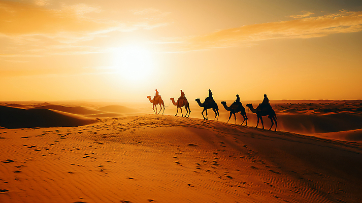 JPG 구름 편집이미지 실루엣 사람 풍경 여러명 성인 햇빛 노을 주황색 사막 모래언덕 낙타 행진 성인만 편집실사 AI포토 AI콘텐츠 자연요소 컬러 다수 포유류 모션 촬영기법 태양 언덕 CG 파일형식