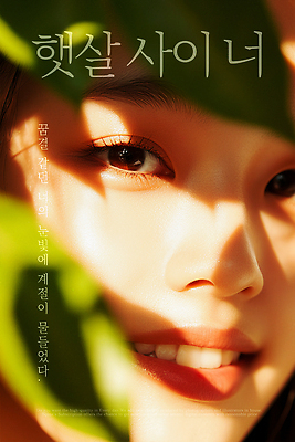 PSD 편집이미지 여자 포스터 얼굴 나뭇잎 그림자 한명 미소 성인 빛 햇빛 가림 감성 뷰티풀 싱그러움 의료성형뷰티 성인여자한명만 이미지편집 1 컨셉 잎 모션 표정 사람 신체부위 태양 여자한명만 성인여자만 파일형식