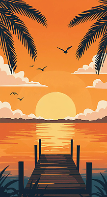JPG 구름 일러스트 조류 하늘 산 해변 사람없음 태양 반사 노을 항구 주황색 여름풍경 야자수잎 국내일러스트 AI일러스트 AI콘텐츠 자연요소 동물 바다 컬러 잎 교통시설 풍경 파일형식 여름_계절