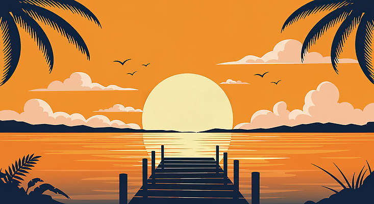 JPG 구름 일러스트 조류 하늘 산 해변 사람없음 태양 반사 노을 항구 주황색 여름풍경 야자수잎 국내일러스트 AI일러스트 AI콘텐츠 자연요소 동물 바다 컬러 잎 교통시설 풍경 파일형식 여름_계절