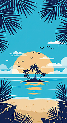 JPG 구름 섬 하늘색 일러스트 하늘 해변 사람없음 야자수 태양 여름풍경 새떼 야자수잎 수평선 국내일러스트 AI일러스트 AI콘텐츠 자연요소 나무 바다 잎 조류 풍경 파란색 파일형식 여름_계절