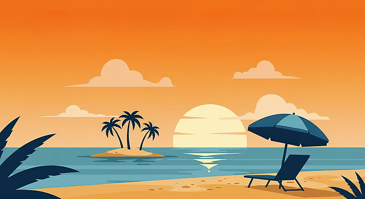 JPG 구름 섬 일러스트 하늘 해변 사람없음 야자수 태양 노을 주황색 여름풍경 파라솔 선베드 야자수잎 수평선 국내일러스트 AI일러스트 AI콘텐츠 자연요소 나무 바다 컬러 잎 의자 풍경 파일형식 여름_계절