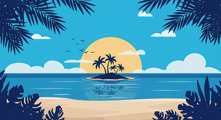 JPG 구름 섬 하늘색 일러스트 하늘 해변 사람없음 야자수 태양 반사 여름풍경 새떼 야자수잎 수평선 국내일러스트 AI일러스트 AI콘텐츠 자연요소 나무 바다 잎 조류 풍경 파란색 파일형식 여름_계절