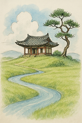 JPG 구름 일러스트 자연 하늘 색연필 수채화 산 기와집 잔디 사람없음 소나무 개울 언덕 국내일러스트 AI일러스트 AI콘텐츠 자연요소 나무 식물 학용품 한옥 강 생태계 파일형식