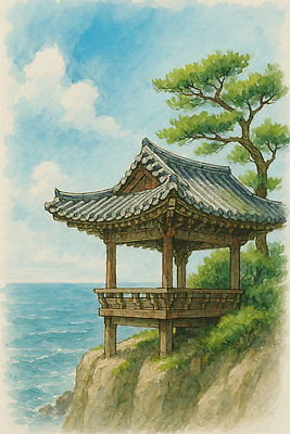 JPG 구름 바다 일러스트 자연 하늘 색연필 수채화 기와집 사람없음 절벽 소나무 풀 암벽 정자 국내일러스트 AI일러스트 AI콘텐츠 자연요소 나무 식물 건축물 학용품 한옥 생태계 파일형식